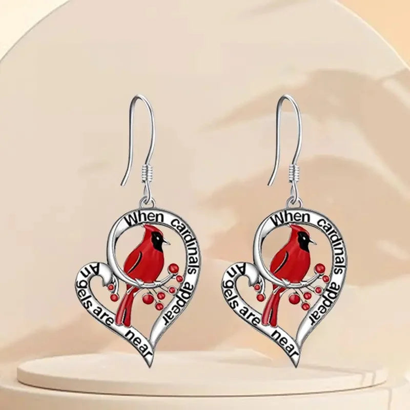 Cardinal Memorial Earrings – “When Cardinals Appear, Angels Are Near” Heart Drop Design