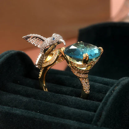 Adjustable Aquamarine-Color Hummingbird Ring – 14K Gold Plated