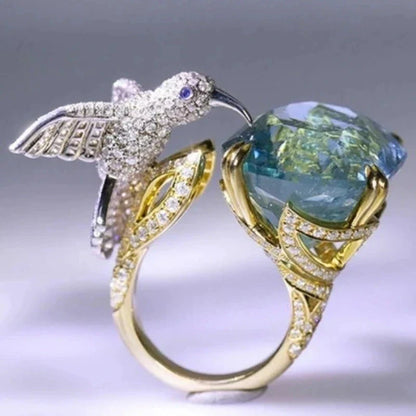 Adjustable Aquamarine-Color Hummingbird Ring – 14K Gold Plated