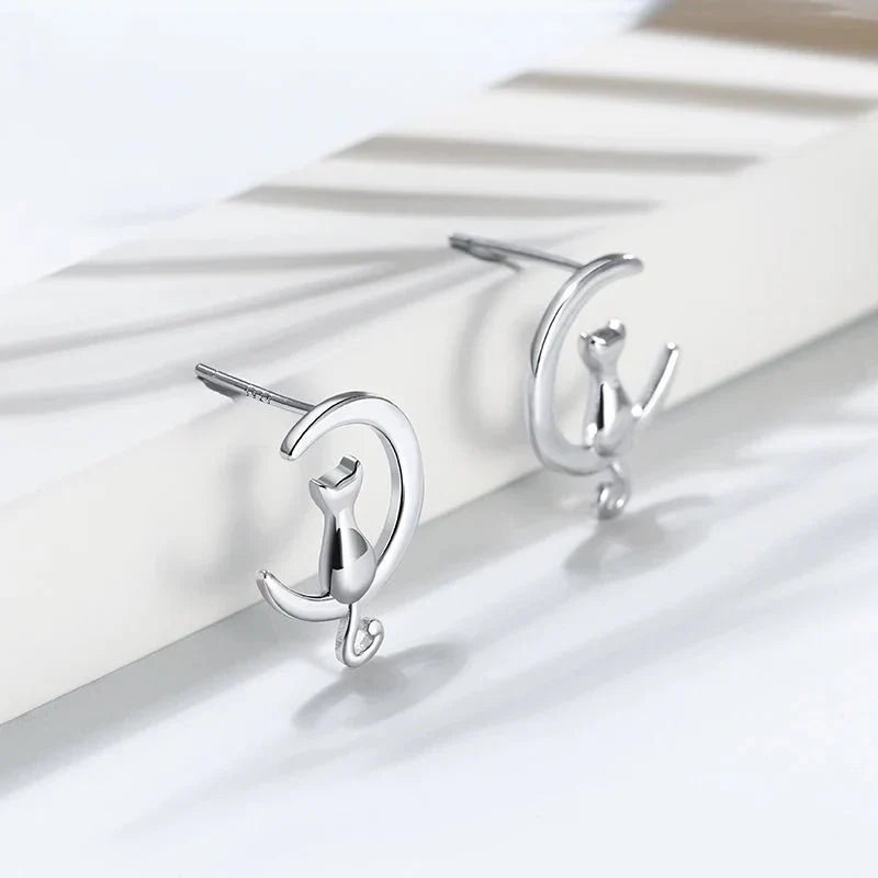 Moon & Cat Sterling Silver Stud Cat Earrings