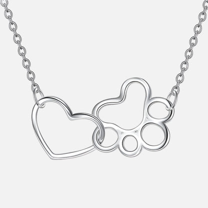 Sterling Silver Paw Print Necklace – Heart Crystal Pendant