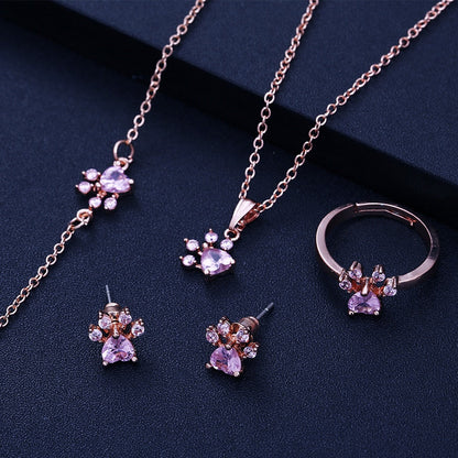 Rose Gold Paw Jewelry Set – 4 Pieces with Zirconia Heart (Ring, Necklace, Earrings, Bracelet)